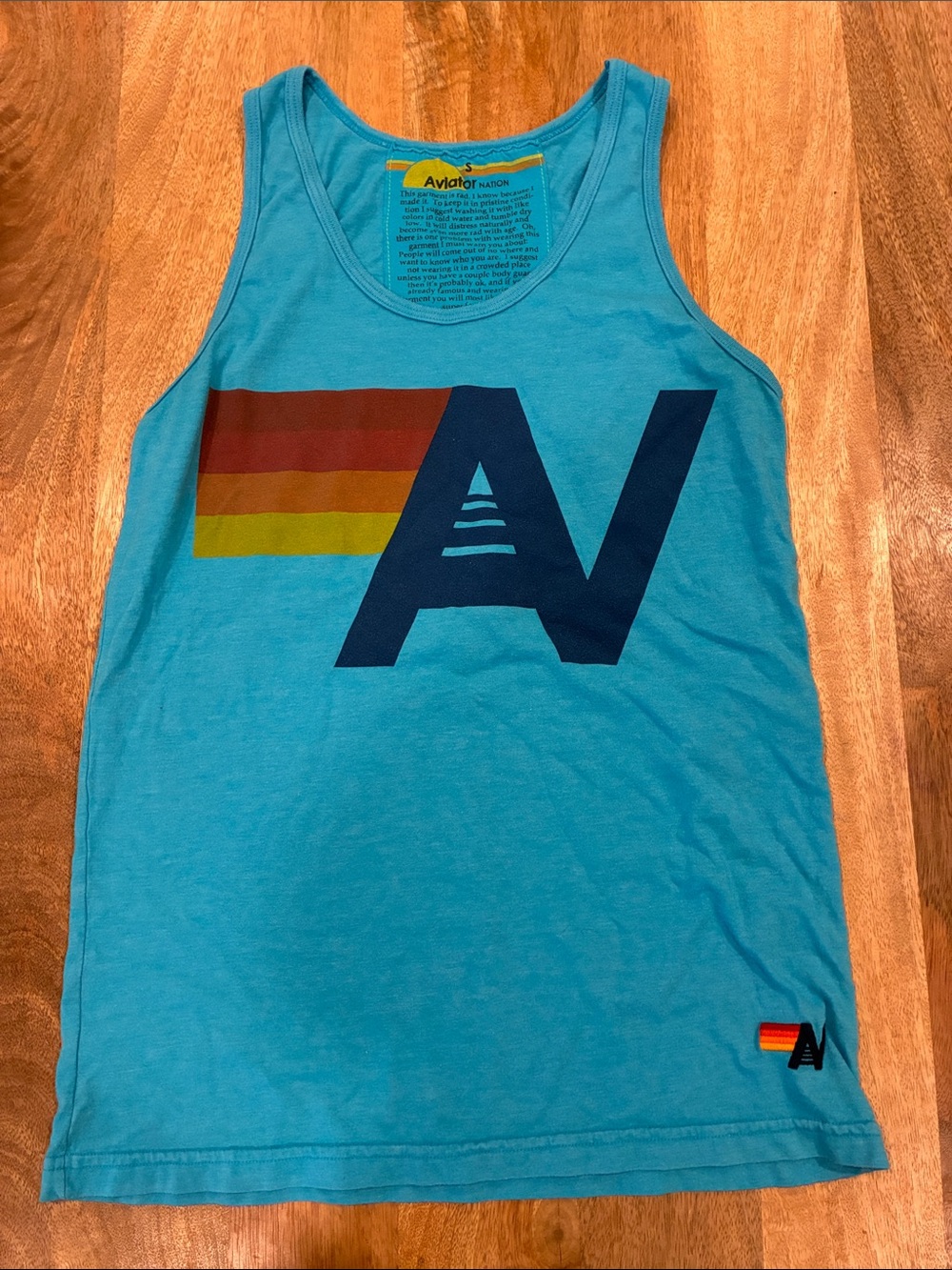 Aviator Nation Turquoise Tank with Navy Logo and Rainbow Stripes